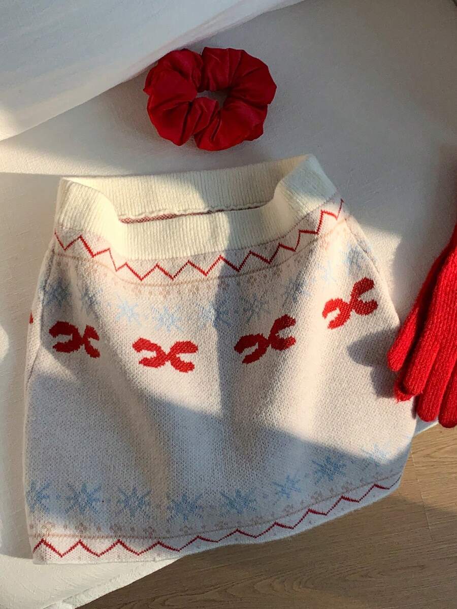 Comfortcana Women's Snowflake Pattern Knitted Mini Skirt, Suitable For Christmas, Autumn/Winter Knit Sets - Multicolor - View 1