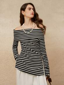 Cévolie 女士休闲条纹露肩开叉长袖T恤，适合秋季 - 黑與白 - 查看 3