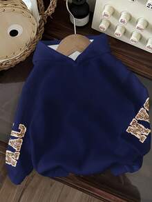 SHEIN EZwear Sudadera azul marino con estampado minimalista casual de NYC y estampado de leopardo, adecuada para otoño/invierno - Multicolor - Ver 2