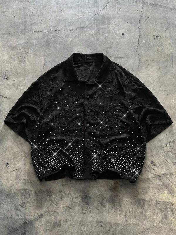 AXEPEAK Plus Size Men's Loose Short-Sleeved Shirt With Gradient Rhinestones