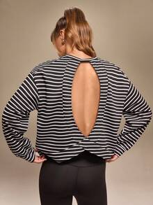 Hanevo 女式休闲条纹落肩长袖T恤 - 紅白色 - 查看 3