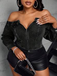 SHEIN SXY Plus Size Solid Color Off Shoulder Zipper Fitted Long Sleeve Denim Top - Black - View 1