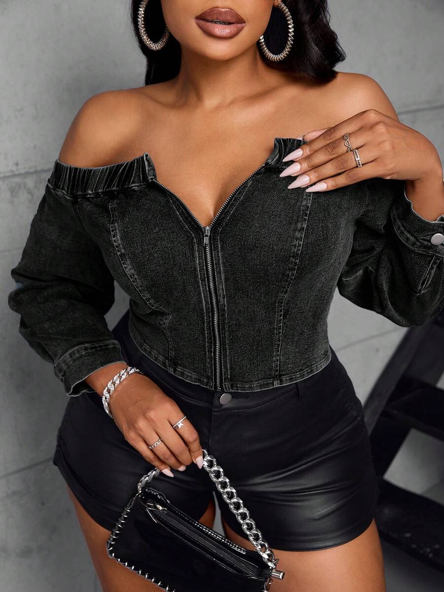 SHEIN SXY Plus Size Solid Color Off Shoulder Zipper Fitted Long Sleeve Denim Top - Black - View 1