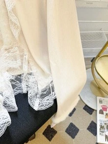 SHEIN Franclia Lace Patchwork V-Neck Knit Sweater For Women, Unique French Style Fluffy Fitted T-Shirt, Autumn/Winter - Beige - View 4