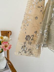 Soleia 女式杏色网眼串珠刺绣 V 领系带蝴蝶袖不对称荷叶边下摆衬衫，适合度假、约会、下午茶、海滩、游轮、海岛度假、城市度假、音乐节、波西米亚风度假 - 杏色 - 查看 5