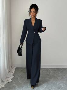 Elenzga petite 女式橄榄绿色厚面料 V 领翻领收腰纽扣设计西装外套和阔腿裤套装，教师/职业装，适合感恩节、万圣节、秋季，时尚百搭两件套 - 藏蓝色 - 查看 5