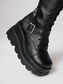 ROMWE Grunge Punk Giày bốt cao đến đầu gối, đế dày PU phong cách Gothic thời trang 2025, giày bốt đi xe máy, giày bốt cao gót đế xuồng, ống chân thon cho mùa thu/xuân - màu đen - Xem 3