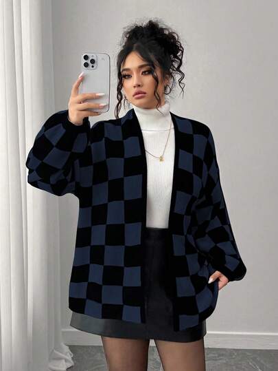 Elenzga Autumn/Winter Fashion Casual Color Block Checkerboard Patchwork Women Loose Fit Plus Size Long Sleeve Cardigan, Outerwear, Vacation, Party