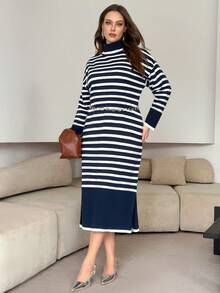 Lacomfia Plus Size Casual Colorblock Striped Knit Dress, Autumn/Winter