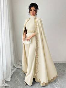 Rafferiza 女士优雅连体裤，带贴花，拼接立领斗篷设计，宽腿 - 杏色 - 查看 6