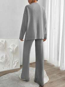 EURMUSE Women Solid Color Rib Knit Sweater & Sweater Pants Set - Grey - View 3
