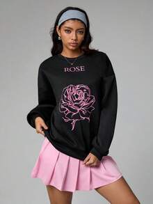 Gameset SHEIN Sport 女式宽松圆领长袖玫瑰印花休闲运动衫女式套头衫黑色运动衫玫瑰印花运动衫女式运动衫女式图案运动衫 - 黑色 - 查看 4