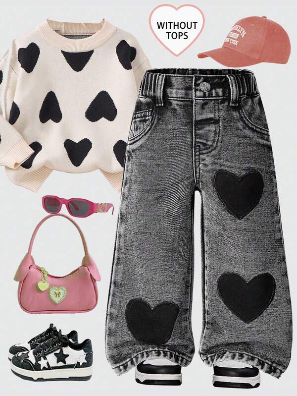 SHEIN Playful Pals 2025 Autumn/Winter Baby Girl Flare Leg Cute Heart Embroidered Straight Leg Jeans, Vintage Distressed Black, Y2K Preppy Streetwear Casual Adorable Retro Heart Jeans Toddler Jeans With Hearts Black Heart Jeans Toddler Baggy Jeans Girls Baggy Jeans Fall