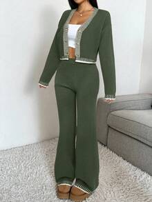 SHEIN EZwear Women's Casual Commuting Contrast Striped Trim Button Cardigan And Wide Leg Pants 2 Pieces Set, Autumn/Winter Knit Two Piece Set Two Piece Set Women Comfy Green Set Women 2 Piece Lounge Sets Woman Green 2 Piece Set,Fall,Fall Clothes For Women