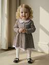 1 New Baby Girl Fashion Simple Retro Plaid Pattern, Spliced ​​Lace Lace Collar Puff Sleeve Dress, Suitable For Spring And Autumn, Daily, Outdoor, Baby Girl Dress, Toddler Dress, Baby Dress
