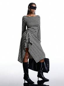 LYSMO Váy kẻ sọc tay dài viền bất đối xứng cỡ lớn, mùa thu - Đen và trắng - Xem 1