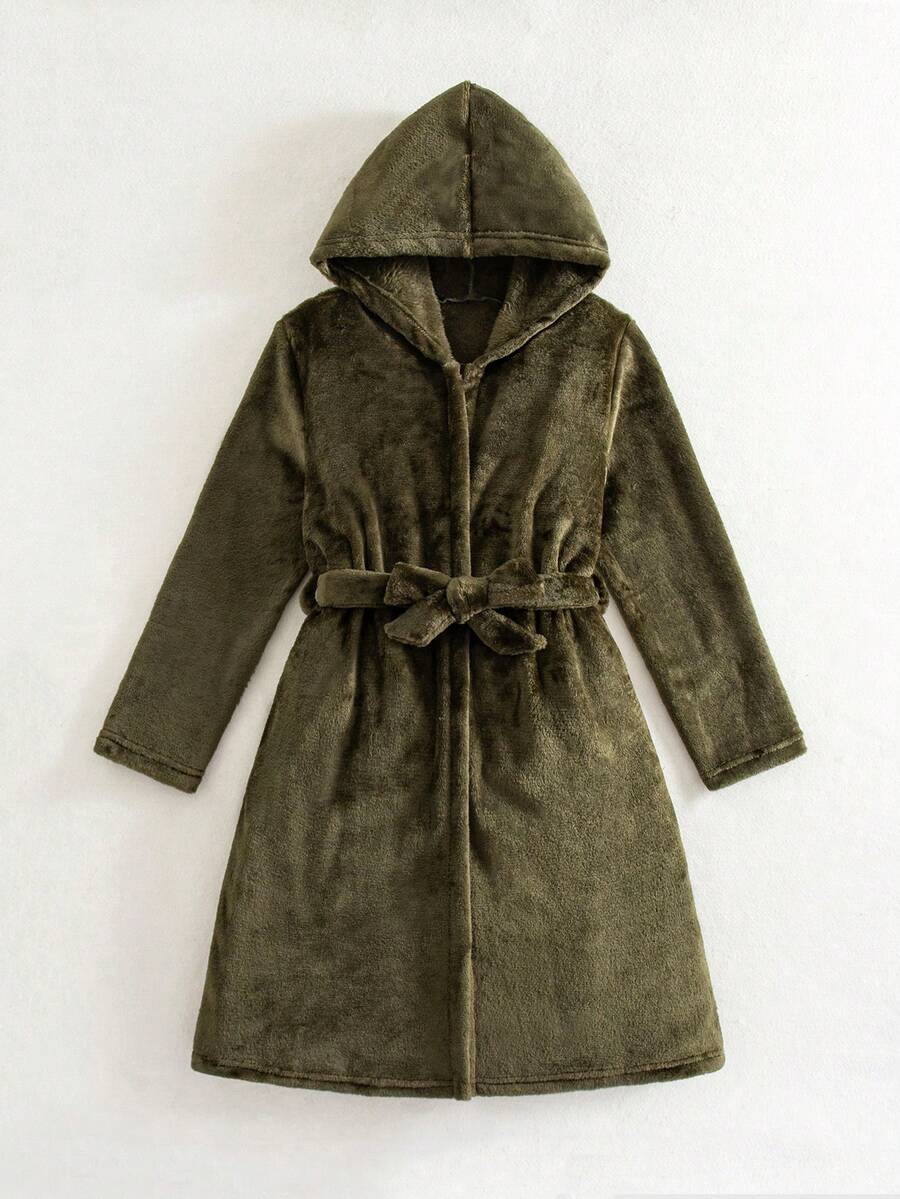 男童纯黑色简约时尚纯色长袖长款连帽领带睡袍家居服 - 橄欖綠 - 查看 1