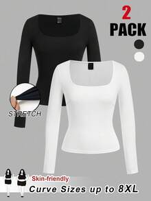 SHEIN CURVE+ Curves 大码/学校服装/返校服装/返校 2 件/套装大码女式方领紧身长袖休闲黑白 T 恤套装，百搭女士春秋季基本款上衣大码黑色上衣大码长袖上衣方领上衣大码女式上衣大码纯色上衣女式秋季服装，冬季，CURVE PLUS - 黑與白 - 查看 1