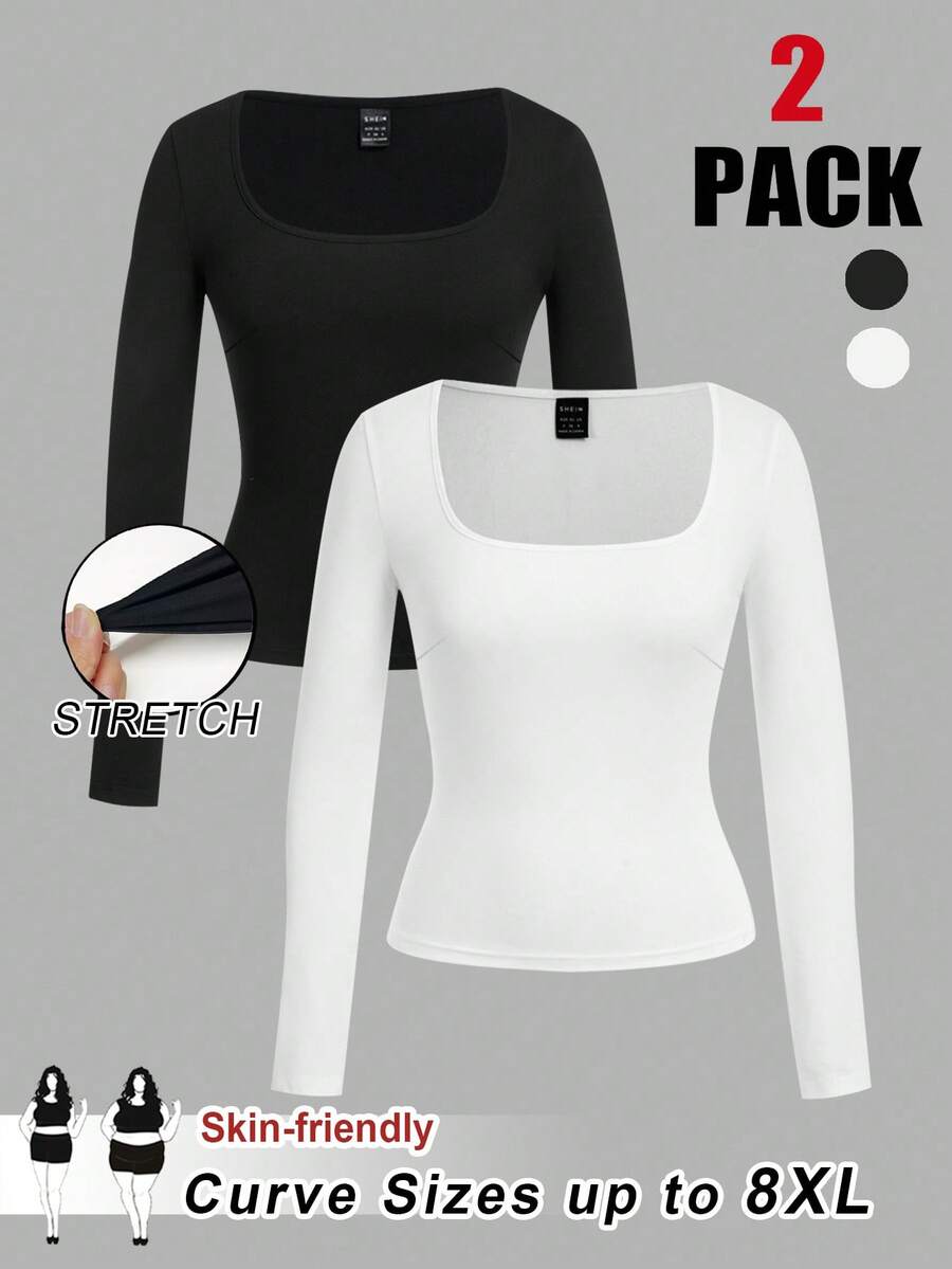 SHEIN CURVE+ Curves 大码/学校服装/返校服装/返校 2 件/套装大码女式方领紧身长袖休闲黑白 T 恤套装，百搭女士春秋季基本款上衣大码黑色上衣大码长袖上衣方领上衣大码女式上衣大码纯色上衣女式秋季服装，冬季，CURVE PLUS - 黑與白 - 查看 1