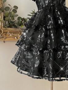 Lovelzi Elegant Luxurious Green Sequin Embroidered Patchwork Satin Bustier Waist See-Through Multi-Tiered Ruffle Hem Formal Gown