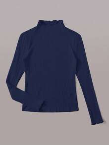 SHEIN EZwear Navy Blue Ribbed Knit Stand Collar Long Sleeve Fitted Casual T-Shirt, Plus Size/Fall/Winter