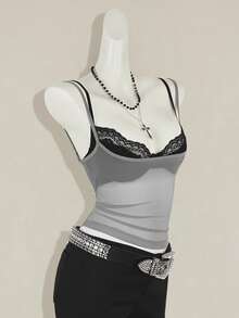 SHEIN ICON 女式红色透明吊带背心，搭配黑色蕾丝细肩带文胸，两件套 - 彩色 - 查看 6