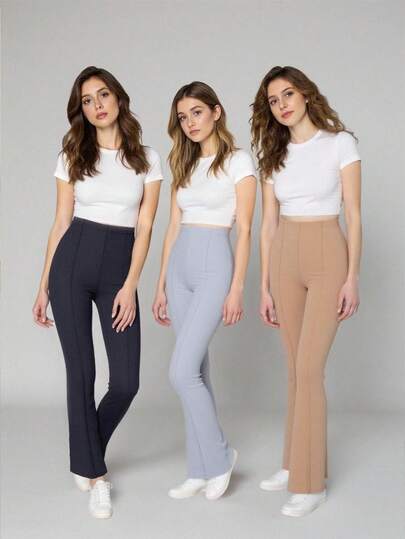 3-delat pyjamasset för tonårsflickor, trendigt minimalistiskt elegant mikroveckat design slim fit utsvängd silhuett, åtsittande tyg, flerfärgat