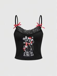 ROMWE Goth Women's Dark Christmas Black Cat Skull Print Lace Collar Splice Spaghetti Strap 3D Cherry Camisole And Ruched Super Short Shorts 2 Piece Pajama Set - Black - View 3