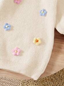 SHEIN Vintaside Kids 女孩手工花朵针织连衣裙，圆领长灯笼袖可爱优雅粉色连衣裙 - 米色 - 查看 3