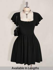 SHEIN PETITE CURVE Plus Size Black A-Line Mini Dress With Flounce Sleeves And Ruffle Hem For Fall Black Dress Fall,Wedding Guest Dress Women Black Dress Summer Black Western Dress Gothic Summer Clothes Witchy Dress Cute Black Dress - Black - View 1
