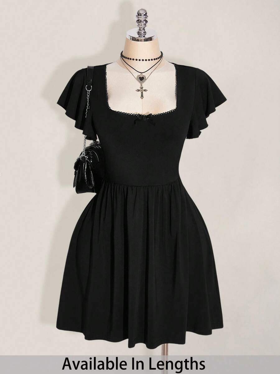 SHEIN PETITE CURVE Plus Size Black A-Line Mini Dress With Flounce Sleeves And Ruffle Hem For Fall Black Dress Fall,Wedding Guest Dress Women Black Dress Summer Black Western Dress Gothic Summer Clothes Witchy Dress Cute Black Dress - Black - View 1