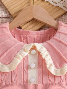 SHEIN Baby Girls Ruffled Collar Floral Knitted Sweater Dress, Soft & Versatile Long Sleeve Princess Style Pullover Dress, Suitable For Autumn/Winter Holidays Collared Baby Girl Dress Pink Warm Dresses For Baby Girl Baby Girl Long Sleeve Dress Ruffle Long Sleeve Blouse Baby Girl Clothes Spring Fall - Pink - View 3
