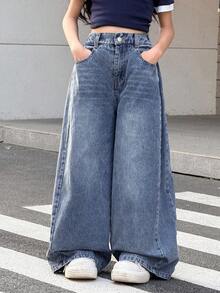 SHEIN Tween 女童高腰口袋阔腿宽松休闲百搭牛仔裤，秋冬 - 中等水洗藍 - 查看 2