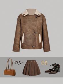 SHEIN MOD Veste décontractée pour femmes à col patchwork, boutonnage simple, poches en biais, automne - Kaki - Voir 1