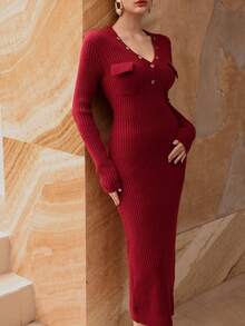 Modelyn Women's Elegant Solid Color V-Neck Flap Pocket Fitted Sweater Dress, Versatile For Autumn/Winter - Burgundy - View 4