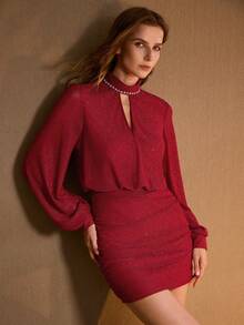 MOTF PREMIUM WOMEN'S RUCHED STYLISH SHORT DRESS, AUTUMN/WINTER - Red - View 5