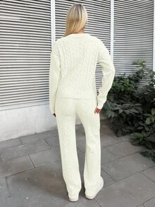 EURMUSE Conjunto De Duas Peças De Suéter De Tricô De Cabo Com Ombro Caído E Cor Sólida Para Mulheres - Branco - Ver 2