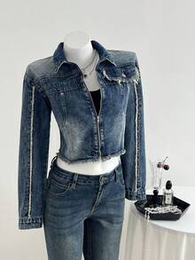 Mori Grove Mori Grove Women's Casual Washed Raw Trim Cropped Denim Jacket, Autumn - Blue - View 1