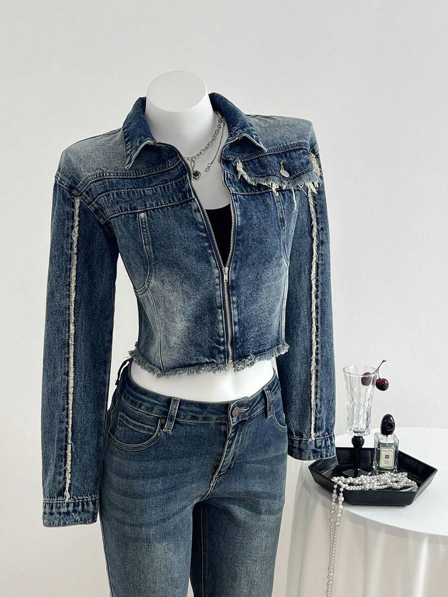 Mori Grove Mori Grove Women's Casual Washed Raw Trim Cropped Denim Jacket, Autumn - Blue - View 1