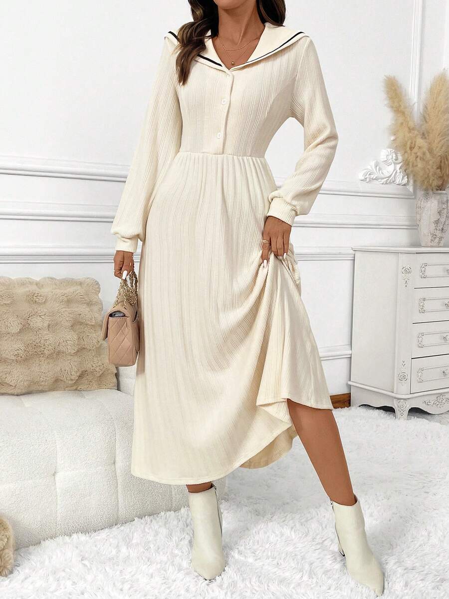 EMERY ROSE Women's Casual Contrast Piping Sailor Collar Lantern Sleeve Waist Cinched Dress, Spring/Autumn - Beige - View 1