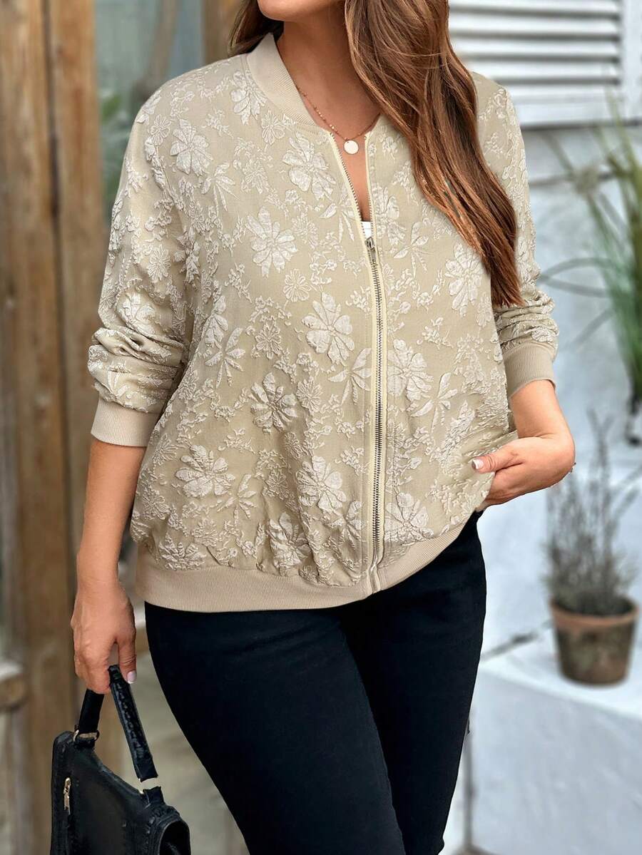 Plus Size Women's Solid Color Spring/Autumn Long Sleeve Zip-Up Casual Baseball Jacket For New Year Holiday Party Clothes