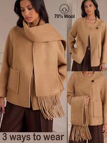 Lilora Women's Solid Color Scarf Design Raglan Sleeve Loose Casual Overcoat With Dual Pockets Women Winter Coat Camel Coat Tan Coat Women Coat With Scarf,Suitable For Valentine's Day, Retro, Date Night, Formal Events, Comfortable, Casual, Outdoor,Business, Retro, Outing, Old Money,Siren Coquettish,  Cruise Attire, Commuting,  Richly Layered, Date Night, Gathering, Minimalism, Birthday, Formal Event, Break, Modest, Chic, Casual, Shopping, Street Wear, Going Out,Autumn Winter