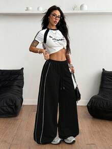 Coolane Women's Winter Streetwear Homecoming Daily Wear Going Out Sport Casual Basic Banded Texture Decoration  Black Low Rise Baggy Sweatpants - Black - View 4