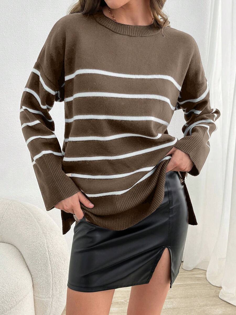 SHEIN Tall Striped Pattern Drop Shoulder Sweater, Tall Women - Camel - View 1