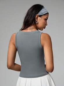 Dewbera Áo ba lỗ thể thao bó sát cổ chữ V màu trơn dành cho nữ - Xám - Xem 3