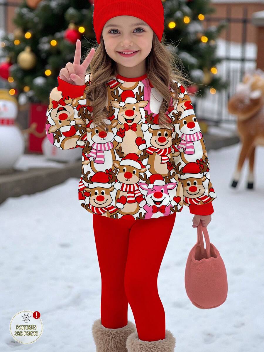 SHEIN Happikins 2pcs/Set Young Girl Casual "Merry Christmas" Cute Cartoon Reindeer Print Red Festive Crew Neck Long Sleeve Sweatshirt And Leggings Outfit, Suitable For Autumn/Winter - Multicolor - View 1