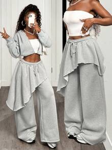 BamGleam 秋冬新款复古休闲高腰不对称裙裤，松紧腰宽松阔腿裤，带保暖内衬，适合女性穿着 - 灰色 - 查看 1