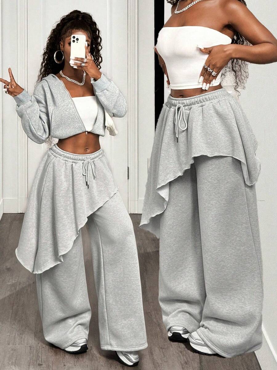 BamGleam 秋冬新款复古休闲高腰不对称裙裤，松紧腰宽松阔腿裤，带保暖内衬，适合女性穿着 - 灰色 - 查看 1