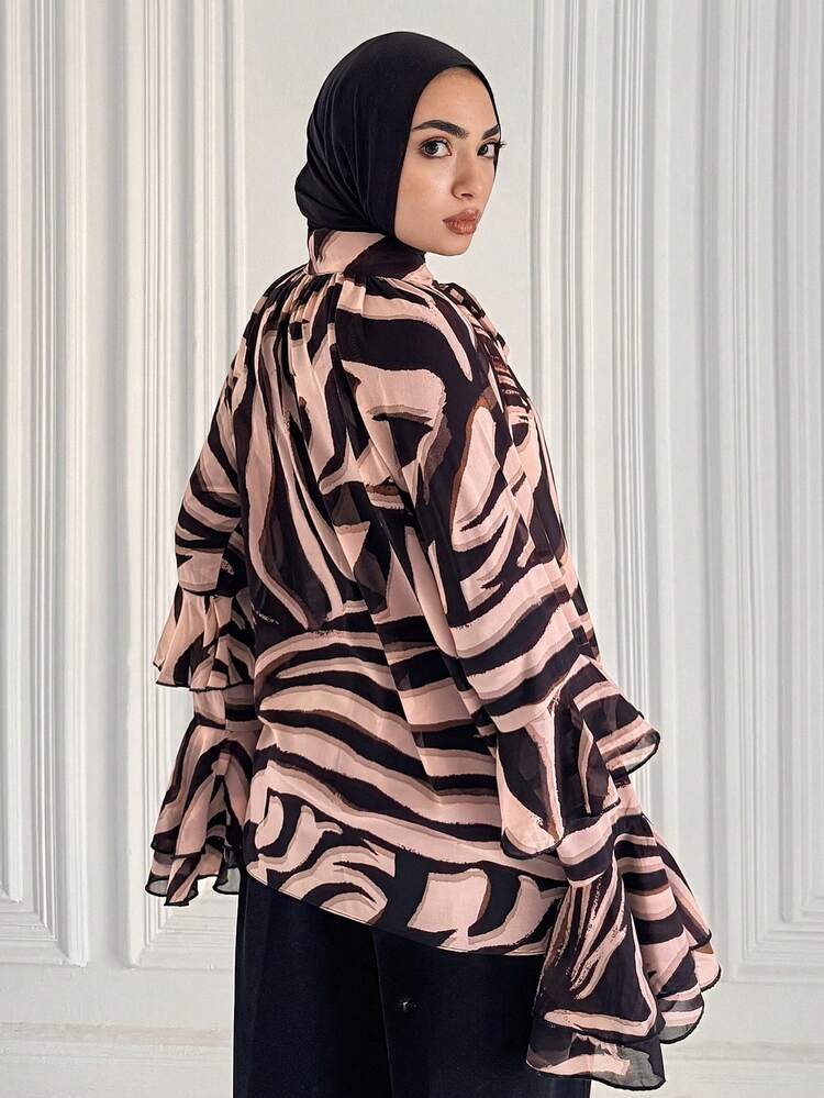 Women's Elegant Contrast Color Zebra Print Ruffle Collar Flare Sleeve Blouse, Autumn Long Sleeve Top Graphic Tee Modest Fashion