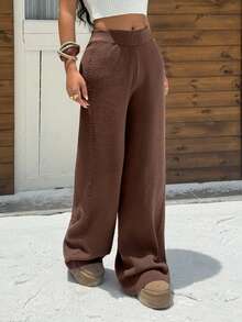 Muchica 女士休闲棕色阔腿针织裤，秋冬 - 棕色 - 查看 5